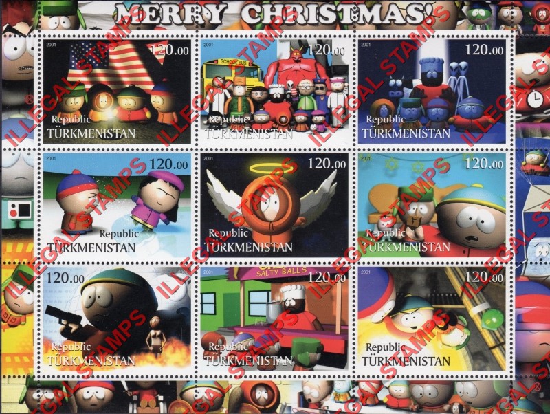 Turkmenistan 2001 South Park Christmas Illegal Stamp Souvenir Sheet of 9 Turkmenistan 2001 South Park Christmas Illegal Stamp Souvenir Sheet of 9
