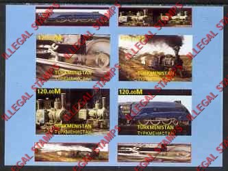Turkmenistan 2001 Steam Trains Illegal Stamp Souvenir Sheet of 4 Turkmenistan 2001 Steam Trains Illegal Stamp Souvenir Sheet of 4