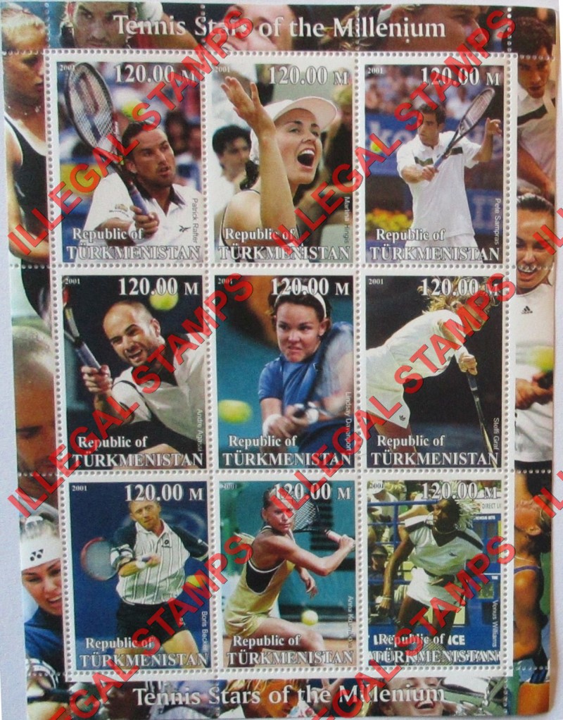 Turkmenistan 2001 Tennis Stars of the Millennium Illegal Stamp Souvenir Sheet of 9 Turkmenistan 2001 Tennis Stars of the Millennium Illegal Stamp Souvenir Sheet of 9