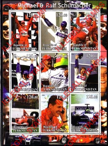 Turkmenistan 2001 The Schumacher's Formula I Illegal Stamp Souvenir Sheet of 9 Turkmenistan 2001 The Schumacher's Formula I Illegal Stamp Souvenir Sheet of 9