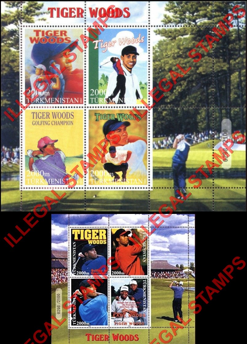 Turkmenistan 2001 Tiger Woods Golf Illegal Stamp Souvenir Sheets of 4 Turkmenistan 2001 Tiger Woods Golf Illegal Stamp Souvenir Sheets of 4