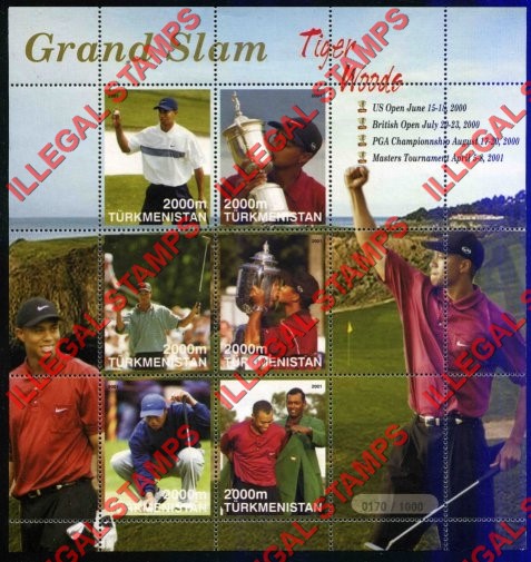 Turkmenistan 2001 Tiger Woods Grand Slam Golf Illegal Stamp Souvenir Sheet of 6 Turkmenistan 2001 Tiger Woods Grand Slam Golf Illegal Stamp Souvenir Sheet of 6