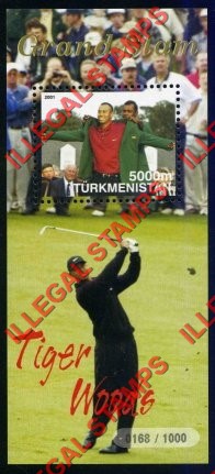 Turkmenistan 2001 Tiger Woods Grand Slam Golf Illegal Stamp Souvenir Sheet of 1 Turkmenistan 2001 Tiger Woods Grand Slam Golf Illegal Stamp Souvenir Sheet of 1