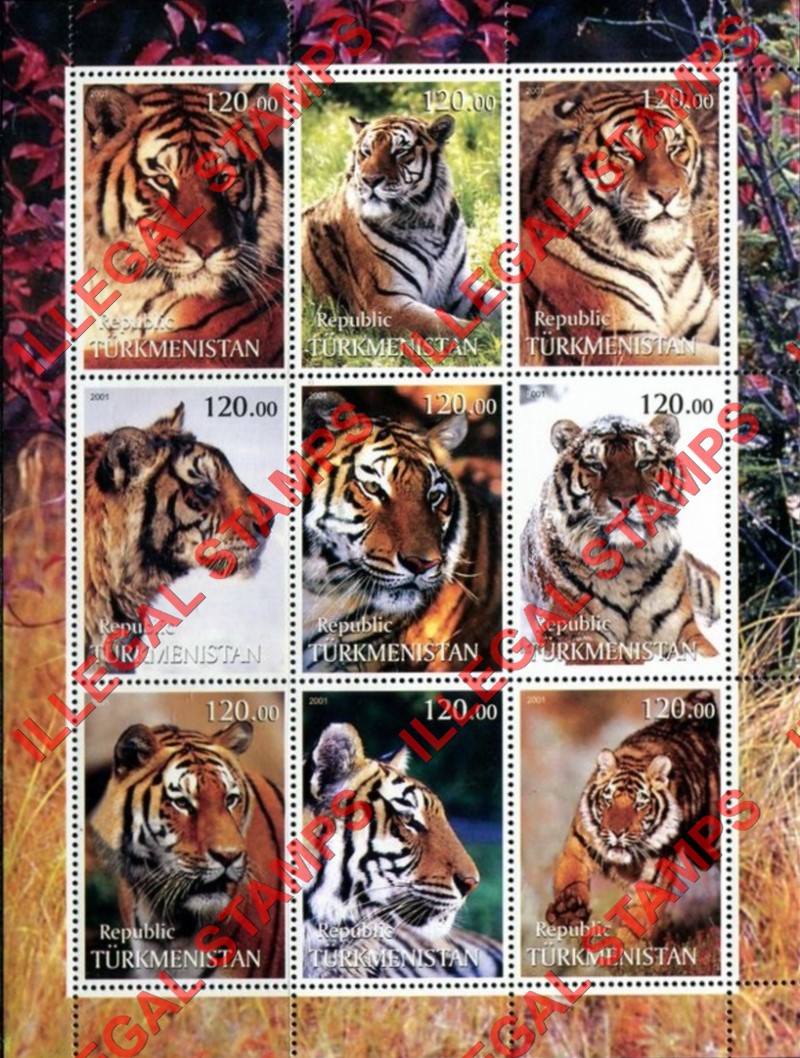 Turkmenistan 2001 Tigers Illegal Stamp Souvenir Sheet of 9 Turkmenistan 2001 Tigers Illegal Stamp Souvenir Sheet of 9