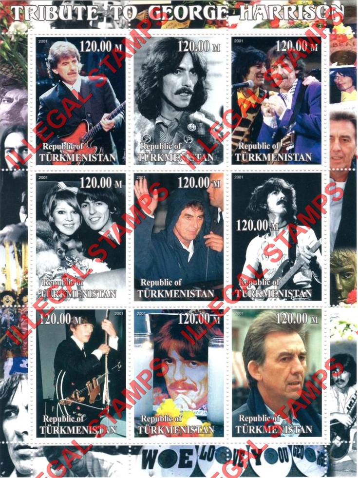 Turkmenistan 2001 Tribute to George Harrison Illegal Stamp Souvenir Sheet of 9 Turkmenistan 2001 Tribute to George Harrison Illegal Stamp Souvenir Sheet of 9