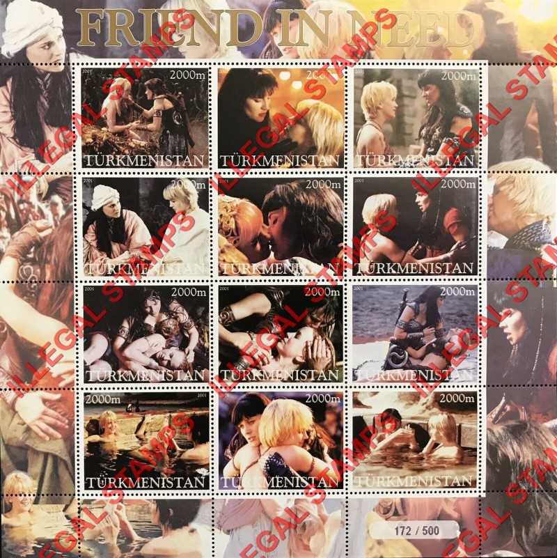 Turkmenistan 2001 Xena Warrior Princess Illegal Stamp Souvenir Sheet of 12 Turkmenistan 2001 Xena Warrior Princess Illegal Stamp Souvenir Sheet of 12