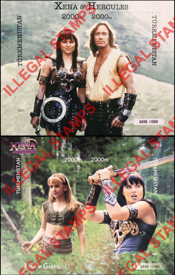 Turkmenistan 2001 Xena Warrior Princess Illegal Stamp Souvenir Sheets of 2 Turkmenistan 2001 Xena Warrior Princess Illegal Stamp Souvenir Sheets of 2
