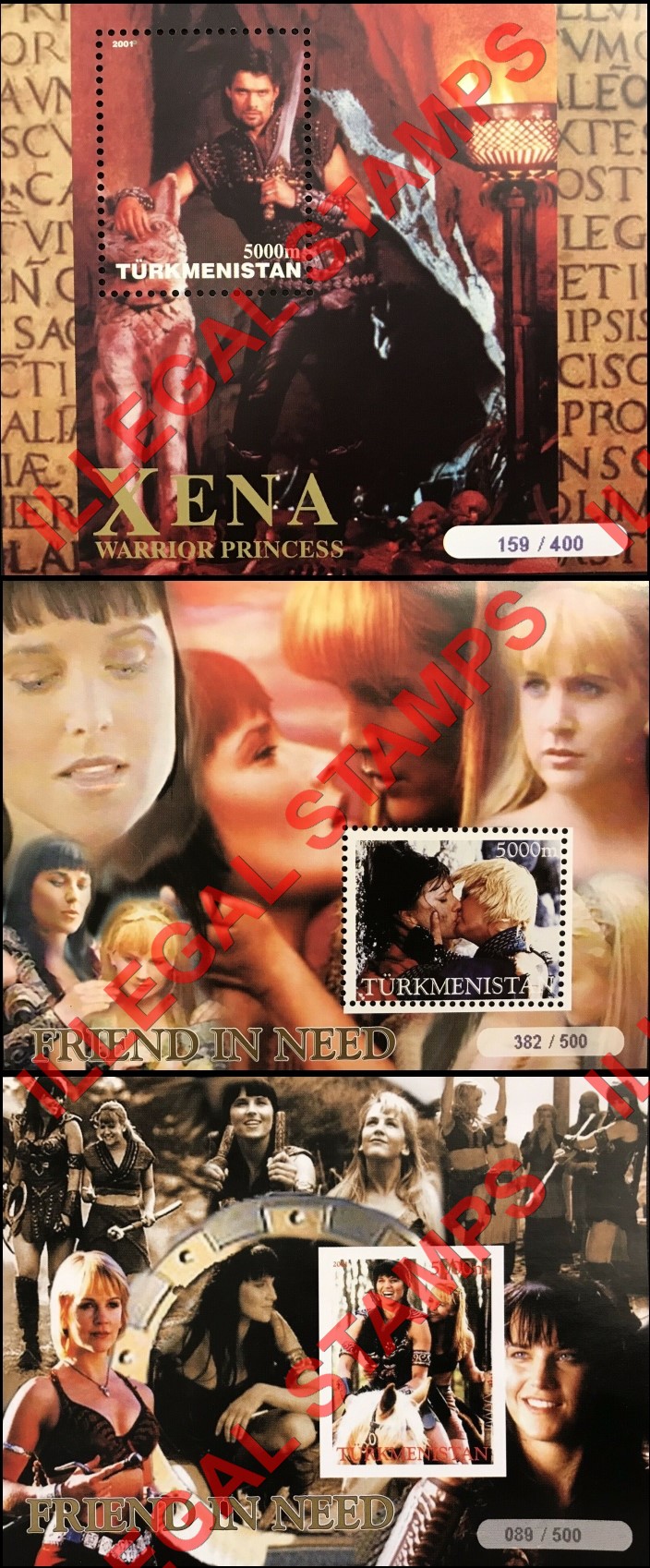 Turkmenistan 2001 Xena Warrior Princess Illegal Stamp Souvenir Sheets of 1 Turkmenistan 2001 Xena Warrior Princess Illegal Stamp Souvenir Sheets of 1