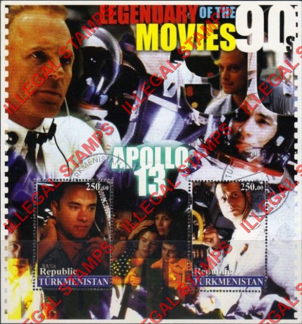 Turkmenistan 2002 Legendary Movies of the 90's Apollo 13 Illegal Stamp Souvenir Sheet of 2 Turkmenistan 2002 Legendary Movies of the 90's Apollo 13 Illegal Stamp Souvenir Sheet of 2