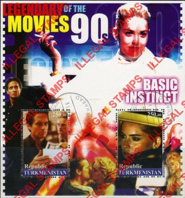 Turkmenistan 2002 Legendary Movies of the 90's Basic Instinct Illegal Stamp Souvenir Sheet of 2 Turkmenistan 2002 Legendary Movies of the 90's Basic Instinct Illegal Stamp Souvenir Sheet of 2