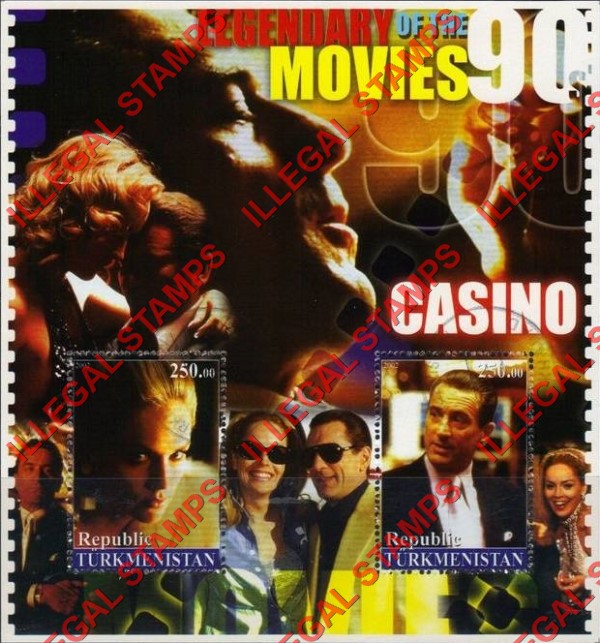 Turkmenistan 2002 Legendary Movies of the 90's Casino Illegal Stamp Souvenir Sheet of 2 Turkmenistan 2002 Legendary Movies of the 90's Casino Illegal Stamp Souvenir Sheet of 2