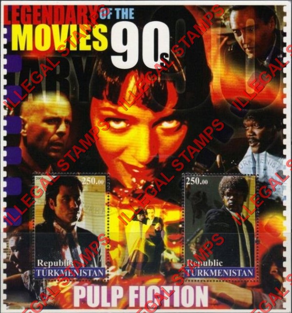 Turkmenistan 2002 Legendary Movies of the 90's Pulp Fiction Illegal Stamp Souvenir Sheet of 2 Turkmenistan 2002 Legendary Movies of the 90's Pulp Fiction Illegal Stamp Souvenir Sheet of 2