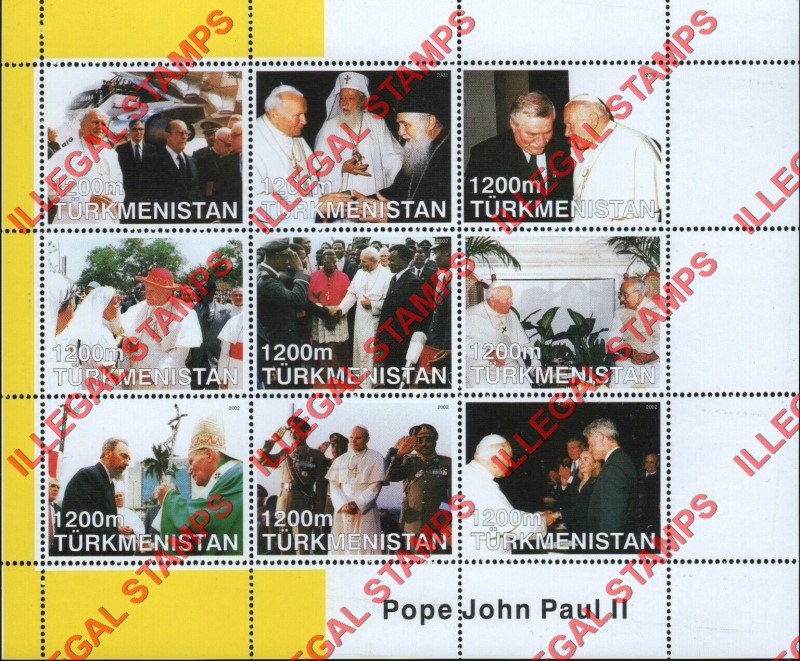 Turkmenistan 2002 Pope John Paul II Illegal Stamp Souvenir Sheet of 9 Turkmenistan 2002 Pope John Paul II Illegal Stamp Souvenir Sheet of 9
