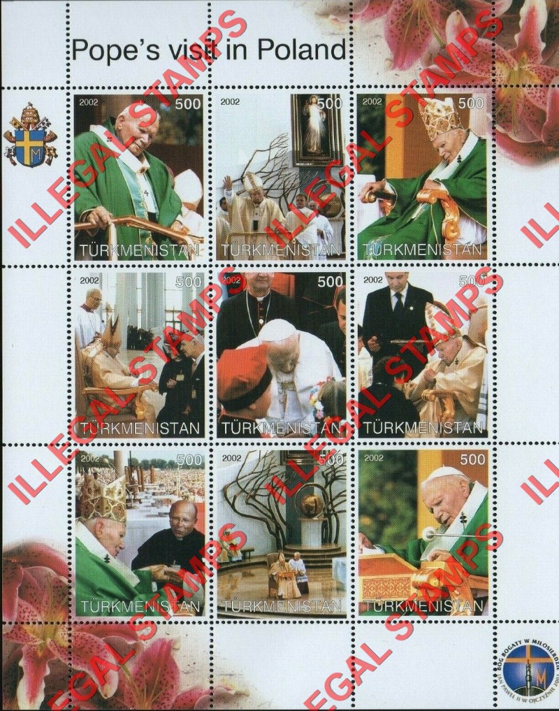 Turkmenistan 2002 Pope John Paul II Visit to Poland Illegal Stamp Souvenir Sheet of 9 Turkmenistan 2002 Pope John Paul II Visit to Poland Illegal Stamp Souvenir Sheet of 9
