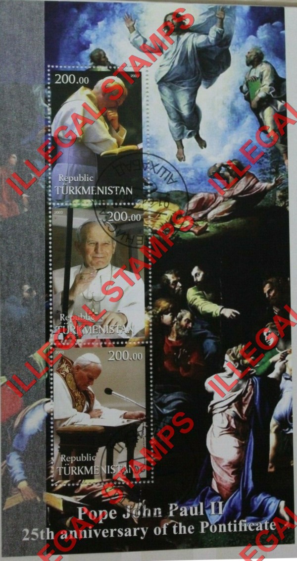 Turkmenistan 2002 Pope John Paul II Illegal Stamp Souvenir Sheet of 3 Turkmenistan 2003 Pope John Paul II Illegal Stamp Souvenir Sheet of 3