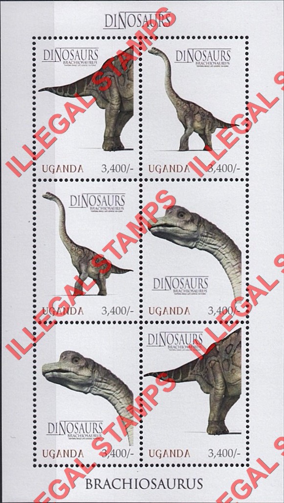 Uganda 2012 Dinosaurs Illegal Stamp Souvenir Sheet of 6 (Sheet 3) Uganda 2012 Dinosaurs Illegal Stamp Souvenir Sheet of 6 (Sheet 3)