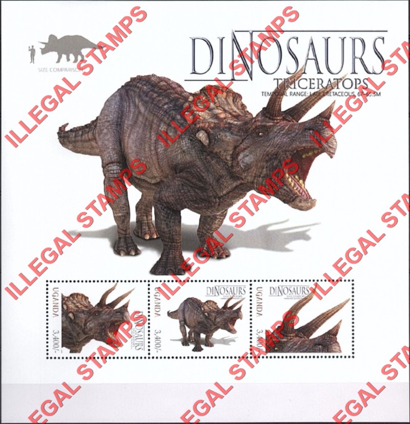 Uganda 2012 Dinosaurs Illegal Stamp Souvenir Sheet of 3 (Sheet 2) Uganda 2012 Dinosaurs Illegal Stamp Souvenir Sheet of 3 (Sheet 2)
