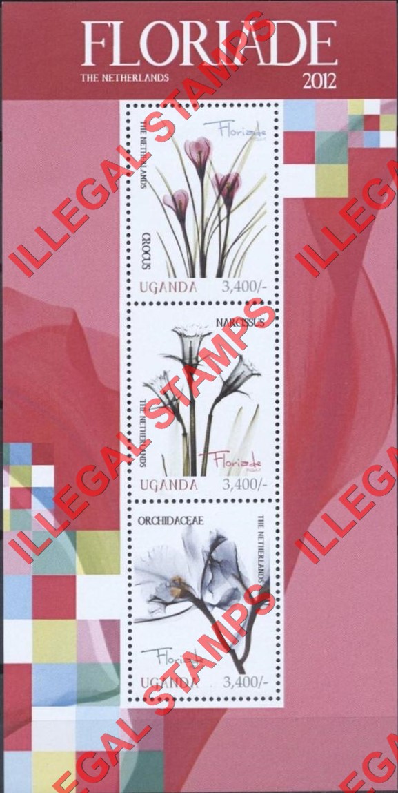 Uganda 2012 Flora Floriade in the Netherlands Illegal Stamp Souvenir Sheet of 3 Uganda 2012 Flora Floriade in the Netherlands Illegal Stamp Souvenir Sheet of 3
