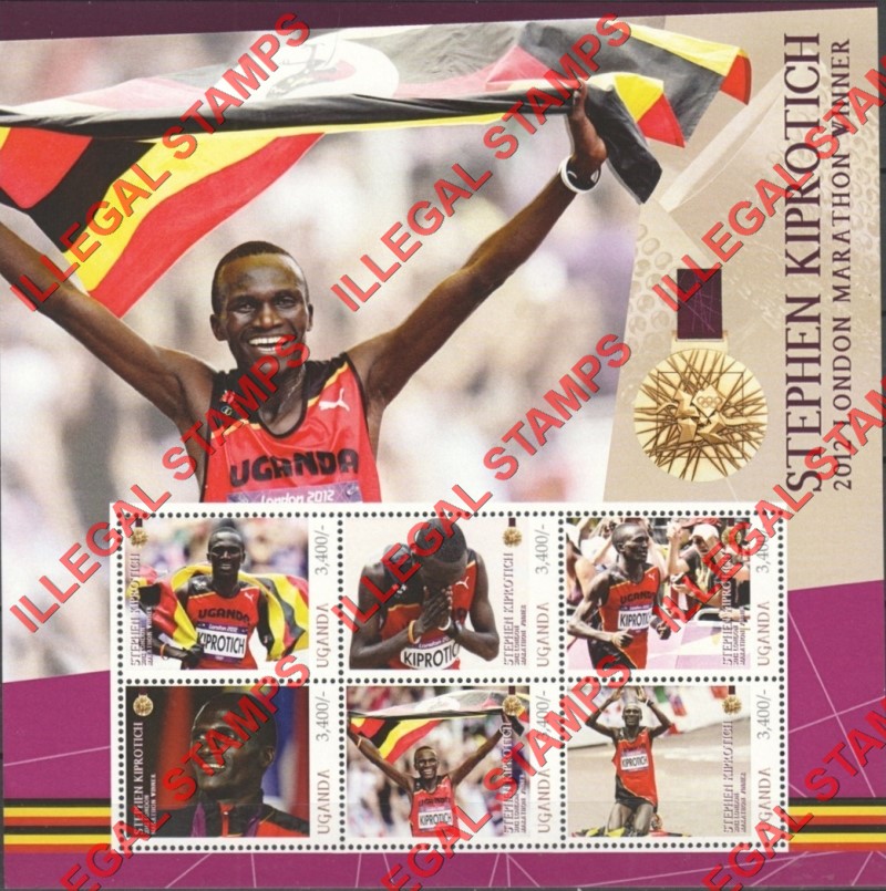 Uganda 2012 Olympic Games Marathon Winner Stephen Kiprotich Illegal Stamp Souvenir Sheet of 6 Uganda 2012 Olympic Games Marathon Winner Stephen Kiprotich Illegal Stamp Souvenir Sheet of 6