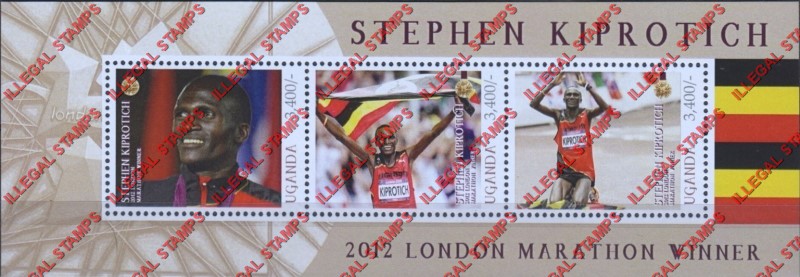 Uganda 2012 Olympic Games Marathon Winner Stephen Kiprotich Illegal Stamp Souvenir Sheet of 3 Uganda 2012 Olympic Games Marathon Winner Stephen Kiprotich Illegal Stamp Souvenir Sheet of 3