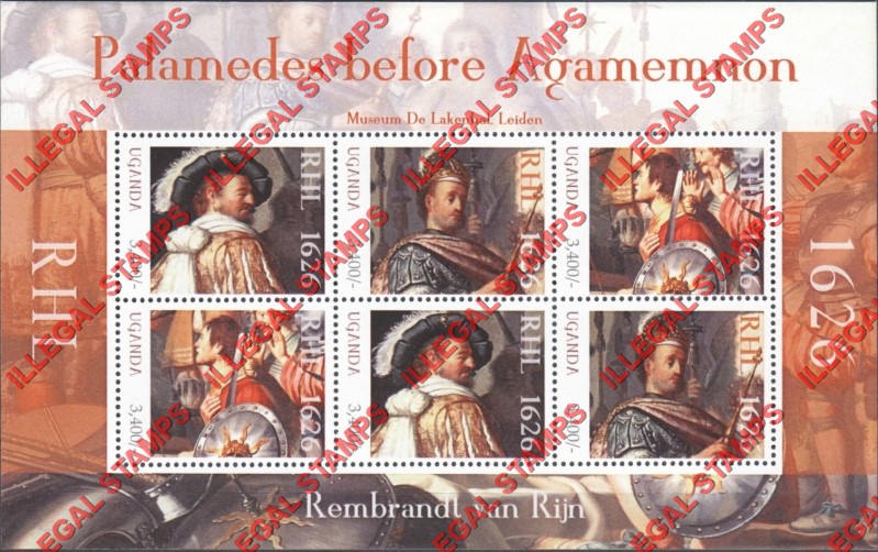 Uganda 2012 Painting by Rembrandt Palamedes Before Agamemnon Illegal Stamp Souvenir Sheet of 6 Uganda 2012 Painting by Rembrandt Palamedes Before Agamemnon Illegal Stamp Souvenir Sheet of 6