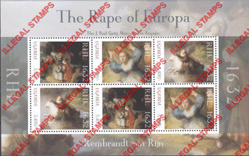 Uganda 2012 Painting by Rembrandt The Rape of Europa Illegal Stamp Souvenir Sheet of 6 Uganda 2012 Painting by Rembrandt The Rape of Europa Illegal Stamp Souvenir Sheet of 6