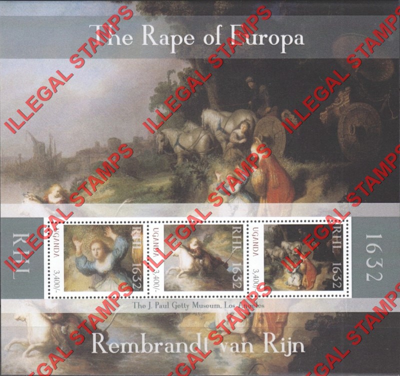Uganda 2012 Painting by Rembrandt The Rape of Europa Illegal Stamp Souvenir Sheet of 3 Uganda 2012 Painting by Rembrandt The Rape of Europa Illegal Stamp Souvenir Sheet of 3