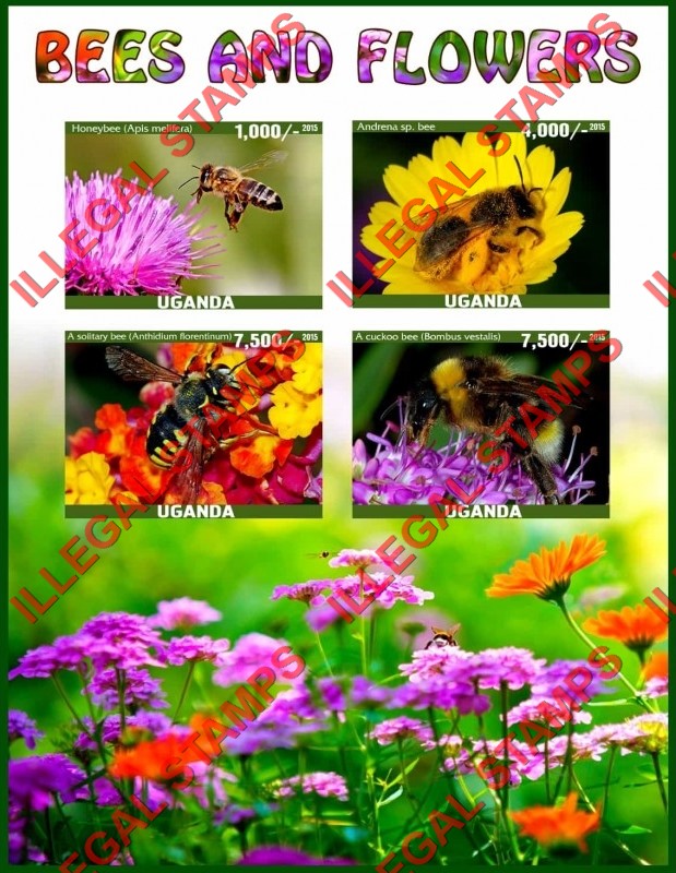 Uganda 2015 Bees and Flowers Illegal Stamp Souvenir Sheet of 4 Uganda 2015 Bees and Flowers Illegal Stamp Souvenir Sheet of 4