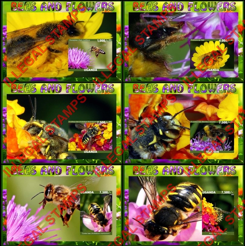 Uganda 2015 Bees and Flowers Illegal Stamp Souvenir Sheets of 1 Uganda 2015 Bees and Flowers Illegal Stamp Souvenir Sheets of 1