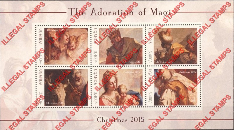 Uganda 2015 Christmas The Adoration of Magi Illegal Stamp Souvenir Sheet of 6 Uganda 2015 Christmas The Adoration of Magi Illegal Stamp Souvenir Sheet of 6