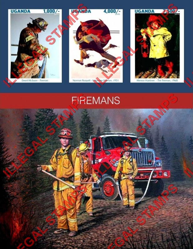 Uganda 2015 Firefighters Firemans Illegal Stamp Souvenir Sheet of 3 Uganda 2015 Firefighters Firemans Illegal Stamp Souvenir Sheet of 3