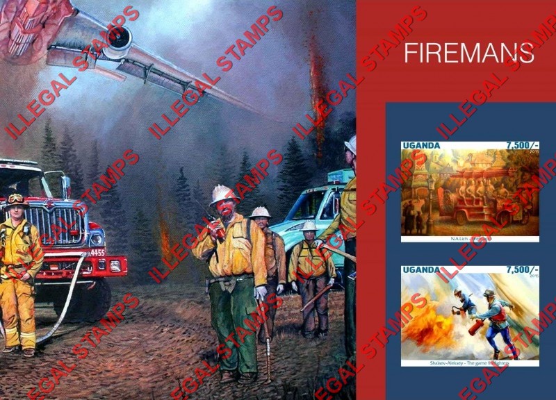 Uganda 2015 Firefighters Firemans Illegal Stamp Souvenir Sheet of 2 Uganda 2015 Firefighters Firemans Illegal Stamp Souvenir Sheet of 2