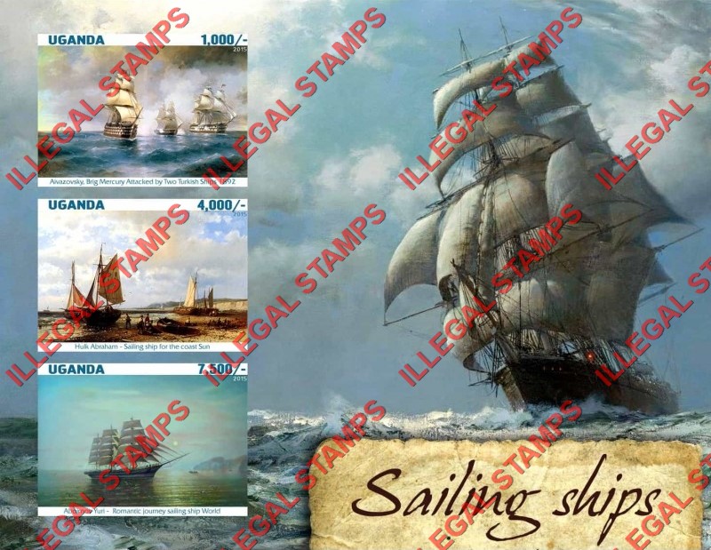 Uganda 2015 Sailing Ships Illegal Stamp Souvenir Sheet of 3 Uganda 2015 Sailing Ships Illegal Stamp Souvenir Sheet of 3