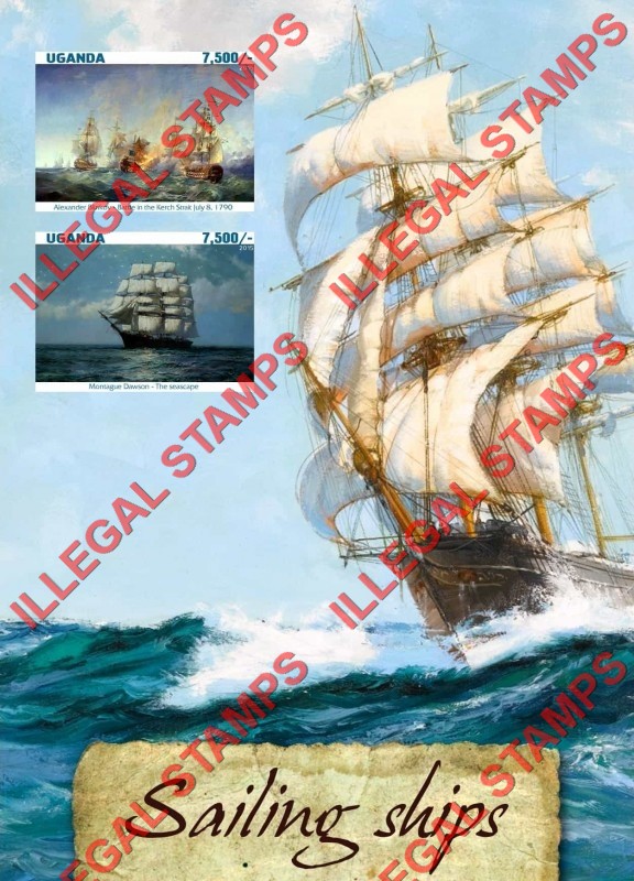 Uganda 2015 Sailing Ships Illegal Stamp Souvenir Sheet of 2 Uganda 2015 Sailing Ships Illegal Stamp Souvenir Sheet of 2