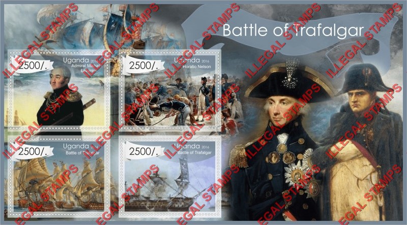 Uganda 2016 Battle of Trafalgar Illegal Stamp Souvenir Sheet of 4 Uganda 2016 Battle of Trafalgar Illegal Stamp Souvenir Sheet of 4