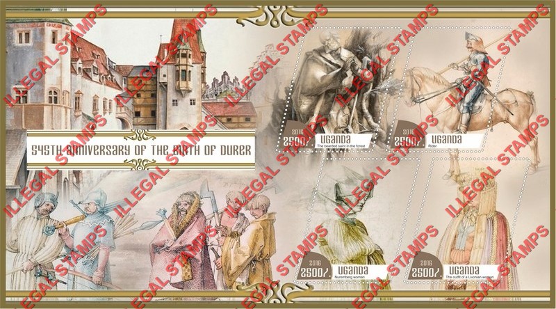 Uganda 2016 Birth of Durer Illegal Stamp Souvenir Sheet of 4 Uganda 2016 Birth of Durer Illegal Stamp Souvenir Sheet of 4