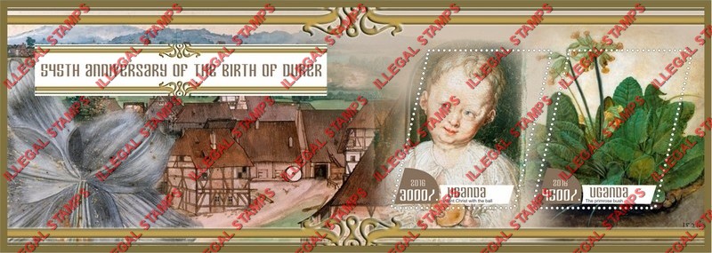 Uganda 2016 Birth of Durer Illegal Stamp Souvenir Sheet of 2 Uganda 2016 Birth of Durer Illegal Stamp Souvenir Sheet of 2