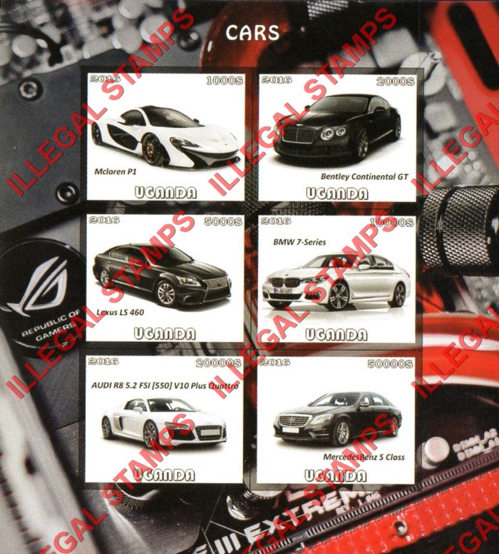 Uganda 2016 Cars Illegal Stamp Souvenir Sheet of 6 Uganda 2016 Cars Illegal Stamp Souvenir Sheet of 6