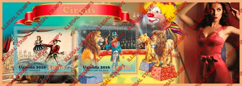 Uganda 2016 Circus Illegal Stamp Souvenir Sheet of 2 Uganda 2016 Circus Illegal Stamp Souvenir Sheet of 2