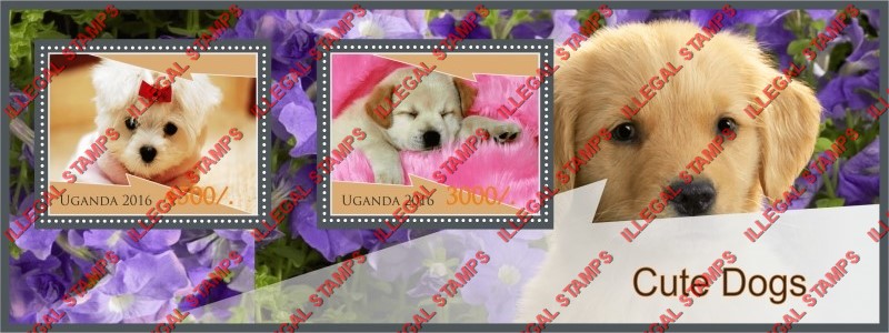 Uganda 2016 Cute Dogs Illegal Stamp Souvenir Sheet of 2 Uganda 2016 Cute Dogs Illegal Stamp Souvenir Sheet of 2