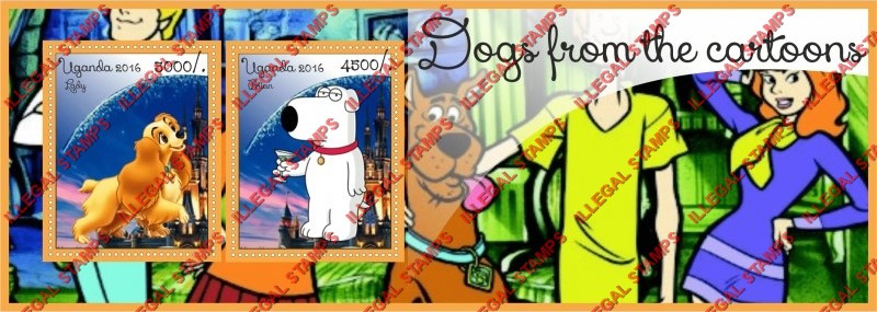 Uganda 2016 Dogs from the Cartoons Illegal Stamp Souvenir Sheet of 2 Uganda 2016 Dogs from the Cartoons Illegal Stamp Souvenir Sheet of 2