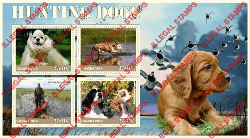 Uganda 2016 Hunting Dogs American Cocker Spaniel Illegal Stamp Souvenir Sheet of 4 Uganda 2016 Hunting Dogs American Cocker Spaniel Illegal Stamp Souvenir Sheet of 4