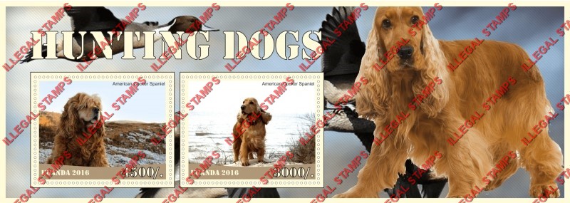 Uganda 2016 Hunting Dogs American Cocker Spaniel Illegal Stamp Souvenir Sheet of 2 Uganda 2016 Hunting Dogs American Cocker Spaniel Illegal Stamp Souvenir Sheet of 2