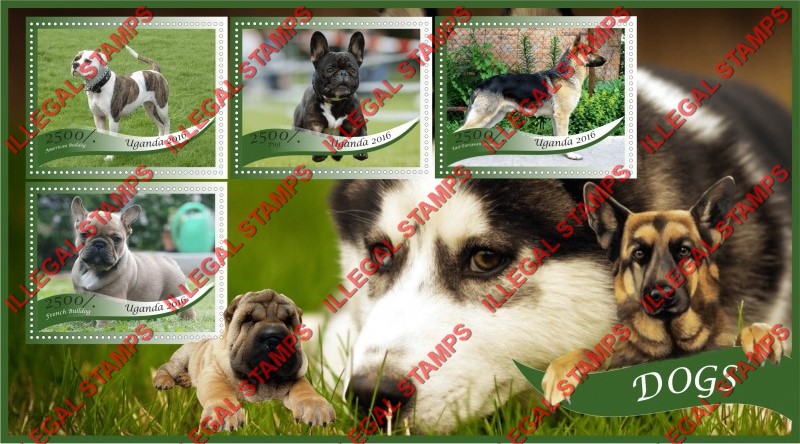 Uganda 2016 Dogs Illegal Stamp Souvenir Sheet of 4 Uganda 2016 Dogs Illegal Stamp Souvenir Sheet of 4