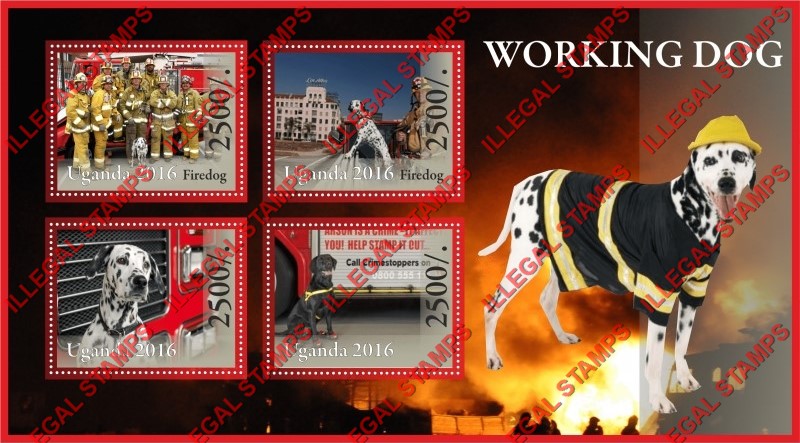 Uganda 2016 Working Dogs Firedogs Illegal Stamp Souvenir Sheet of 4 Uganda 2016 Working Dogs Firedogs Illegal Stamp Souvenir Sheet of 4