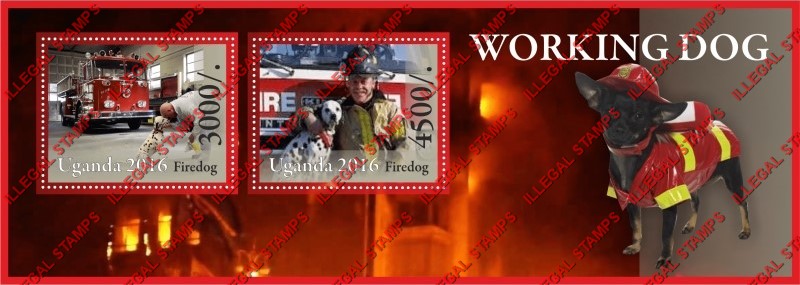 Uganda 2016 Working Dogs Firedogs Illegal Stamp Souvenir Sheet of 2 Uganda 2016 Working Dogs Firedogs Illegal Stamp Souvenir Sheet of 2