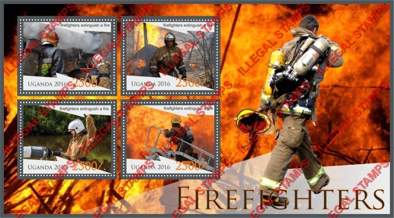 Uganda 2016 Firefighters Illegal Stamp Souvenir Sheet of 4 Uganda 2016 Firefighters Illegal Stamp Souvenir Sheet of 4