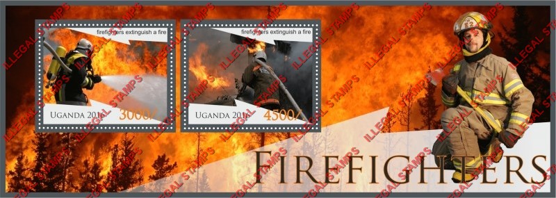 Uganda 2016 Firefighters Illegal Stamp Souvenir Sheet of 2 Uganda 2016 Firefighters Illegal Stamp Souvenir Sheet of 2
