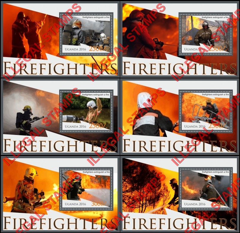 Uganda 2016 Firefighters Illegal Stamp Souvenir Sheets of 1 Uganda 2016 Firefighters Illegal Stamp Souvenir Sheets of 1