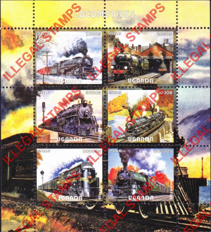 Uganda 2016 Locomotives Illegal Stamp Souvenir Sheet of 6 (Sheet 1) Uganda 2016 Locomotives Illegal Stamp Souvenir Sheet of 6 (Sheet 1)